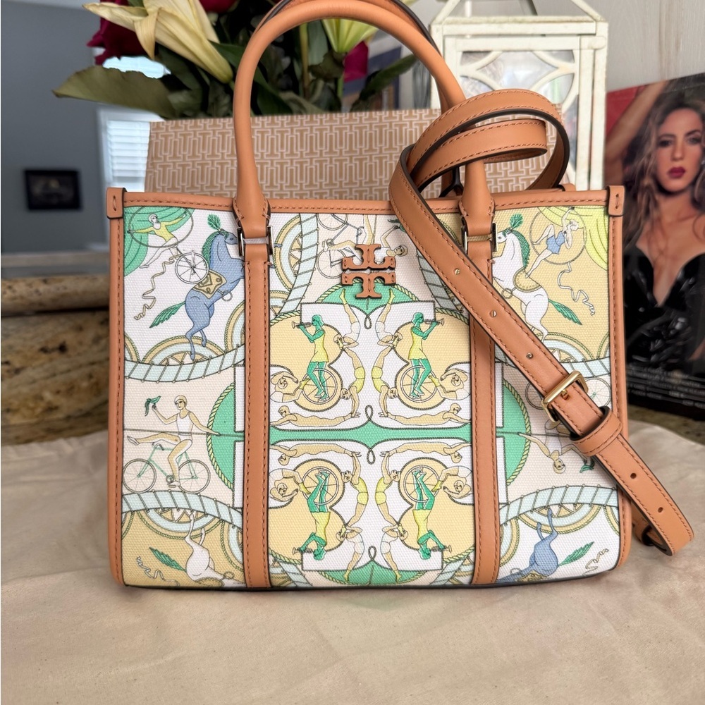 $480 Tory Burch Blake Printed Canvas Small Tote, Green Multi, LAST ONE